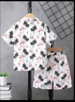 Boy's Printed Spread Collared Cotton Short Sleeves Shirt With Button & Matching Elastic Waist Shorts Co-Ords Set - Image 4