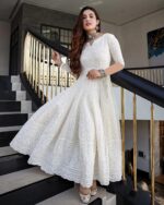 LookMark Women's Chikankari Embroidered Ethnic Gown, Ankle Length Flared Dress, 3/4 Sleeves, Traditional Indian Wear - Image 4