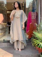 GoSriKi Fendy Glass Embroidered A-Line Kurta with Palazzo for Women | Fendy Glass Grey | Kaftan Sleeve | Round Neck | Ethnic Wear Casual Wear - Image 4