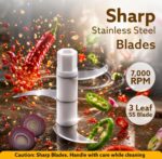 AGARO Elite Rechargeable Mini Electric Chopper, Food Grade Bowl, Stainless Steel Blades, Rechargeable, One Touch Operation, for Chopping Garlic, Ginger, Onion, Vegetable, Nuts, 250 Ml, Black - Image 4
