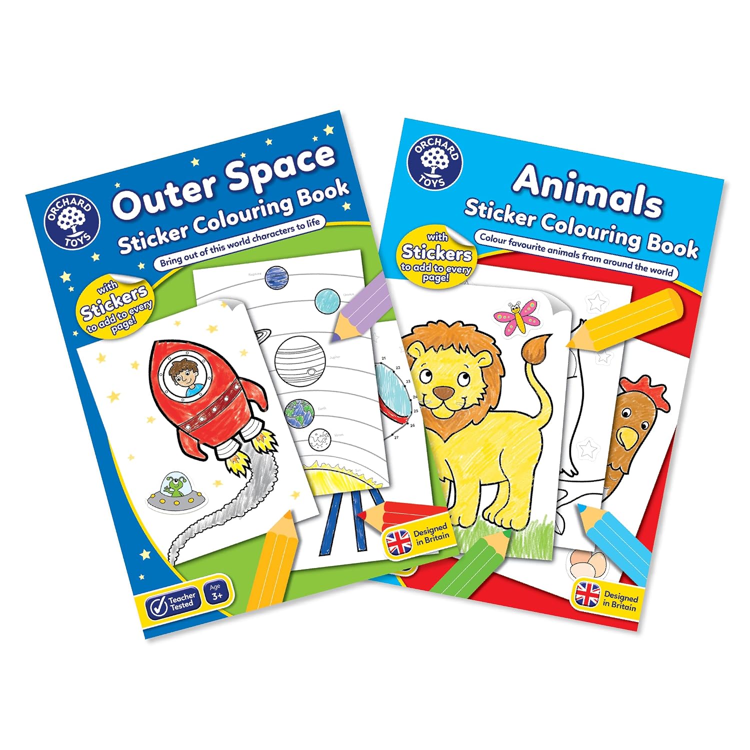 81VrwS0lwOL._SL1500_.jpg Orchard Toys Outer Space and Animals Sticker Colouring Book Engaging Educational Activity Designed for Preschoolers and Kids Aged 3 to 7 Years – Set of 2 - Image 1