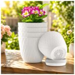 SWAPKART (Pack of 5 6 Inch Plastic Flower Pots for Indoor & Outdoor Terrace,Garden Plants Decorative Planters with Drainage Holes & Matching Saucers Durable & Lightweight (White)