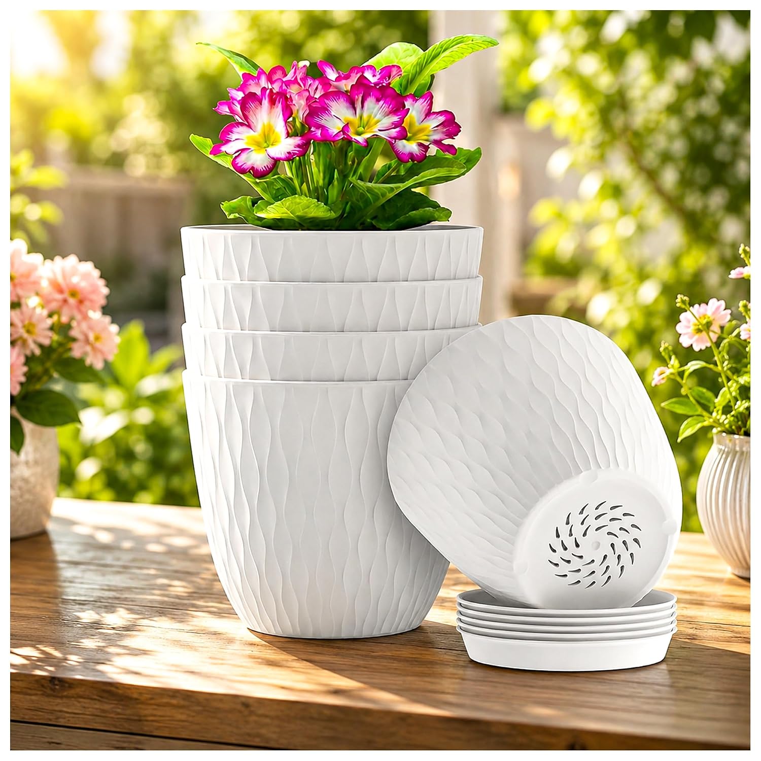 81Vy2sT7YL._SL1500_.jpg SWAPKART (Pack of 5 6 Inch Plastic Flower Pots for Indoor & Outdoor Terrace,Garden Plants Decorative Planters with Drainage Holes & Matching Saucers Durable & Lightweight (White) - Image 1