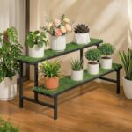 IRON LANDS Hulk 2 Step 35in with Green Grass Metal Pot Stand |Supports Up to 200 Kg| Artificial Grass Mat Included for Balcony, Indoor Outdoor Garden Display Home Decor (Black)