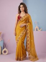 Embroidered Georgette Saree for Women with Designer Blouse Piece | Soft Lightweight Fabric with Floral Thread Work Border | Traditional Saree for Festive, Wedding & Daily Wear - Image 2