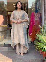 GoSriKi Fendy Glass Embroidered A-Line Kurta with Palazzo for Women | Fendy Glass Grey | Kaftan Sleeve | Round Neck | Ethnic Wear Casual Wear - Image 6