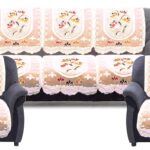 Kuber Industries Cotton 5 Seater Sofa Cover|Premium Cotton Fabric & Side Flower Design|Cutting Edge Round Shape, 10 Piece (Cream)