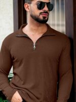 KAJARU Men's Polyester Blend T Shirt with Spread Collar Neck Line Zipper Closure Full Sleeves Solid Pattern Regular Fit and Standard Length - Image 2