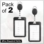 GLUN® Pack of 2 Sliding Badge Holders, Hard Black Vertical Card Case with Retractable Reel & Carabiner for Office, School ID, Credit, Key Cards & Driver’s License - Image 2