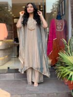 GoSriKi Fendy Glass Embroidered A-Line Kurta with Palazzo for Women | Fendy Glass Grey | Kaftan Sleeve | Round Neck | Ethnic Wear Casual Wear - Image 5