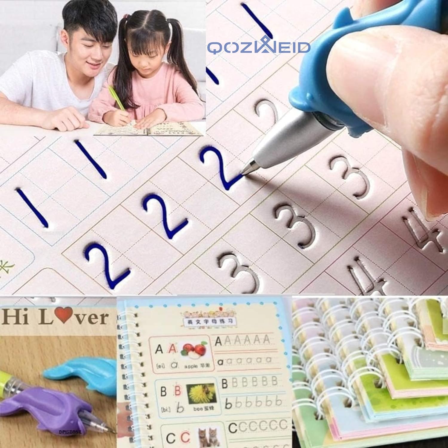 81hzw2CgrsL._SL1500_.jpg QOZWEID Magic Calligraphy, Homeschool Supplies, Preschool workbook, Numbers & English & Drawing & Mathematics Auto Fade Pen & 4 Books - 10 Riffile 1 Grip 1 pen (model -2026) size 19x3 cm - Image 1