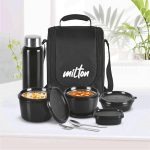 MILTON Pro Lunch Box with Steel Cutlery, 3 Microwave Safe Inner Steel Containers (180ml, 320ml, 450ml) Plastic Chutney Dabba 100ml, Bottle 750ml with Insulated Bag, Office Tiffin, Black - Image 5