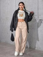 Women's Wide Leg Jeans, Cream Washed Denim, High Rise, Relaxed Baggy Fit, Casual Streetwear - Image 2