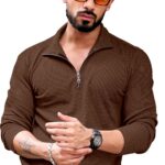 KAJARU Men's Polyester Blend T Shirt with Spread Collar Neck Line Zipper Closure Full Sleeves Solid Pattern Regular Fit and Standard Length