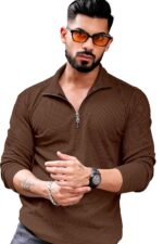 KAJARU Men's Polyester Blend T Shirt with Spread Collar Neck Line Zipper Closure Full Sleeves Solid Pattern Regular Fit and Standard Length