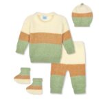 Unisex New Born Baby Boys Girls Soft Comfortable Trendy Woolen Round Neck Stripe Sweater Set with Payjami, Cap and Pair of Booties for Toddlers