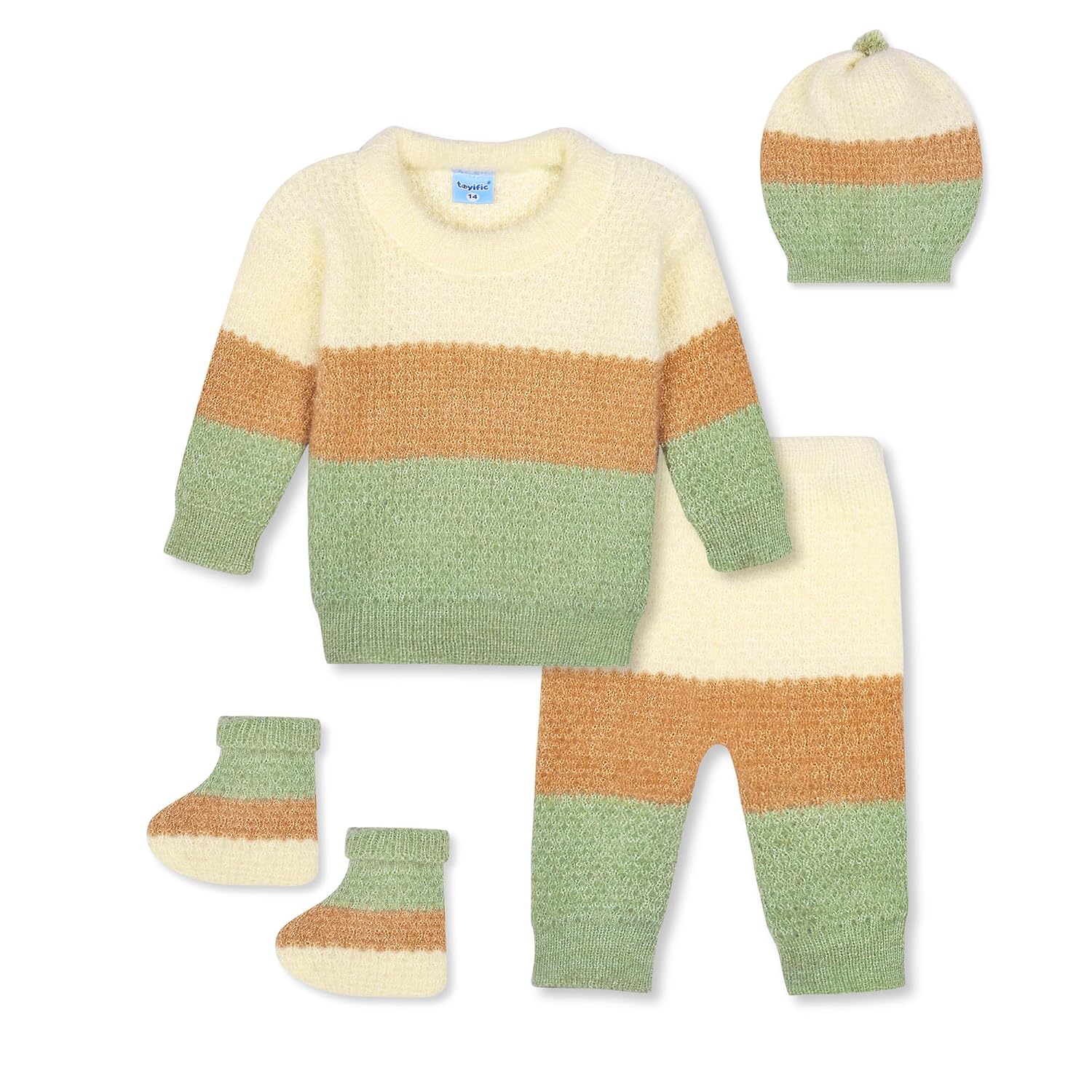 81lgvc2sY-L._SL1500_.jpg Unisex New Born Baby Boys Girls Soft Comfortable Trendy Woolen Round Neck Stripe Sweater Set with Payjami, Cap and Pair of Booties for Toddlers - Image 1