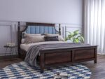 Wooden King Size Bed Without Storage | Low Height Cot with Blue Upholstered Cushion Headboard | Solid Wood Sheesham, Walnut Finish | Mattress Size: 78 X 72