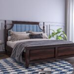 Wooden King Size Bed Without Storage | Low Height Cot with Blue Upholstered Cushion Headboard | Solid Wood Sheesham, Walnut Finish | Mattress Size: 78 X 72