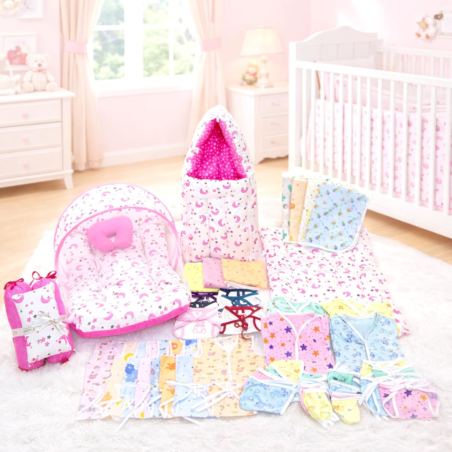 81nSVFAKKvL._SL1500_.jpg Infantbond 56 in 1 Baby Products All New Born Combo|Baby Essentials|Hospital Kit|Maternity Essentials|Infant Essentials|Baby Shower|Complete Daily Items Combo(0-6 Months) (Pink Moon) 1 count - Image 1