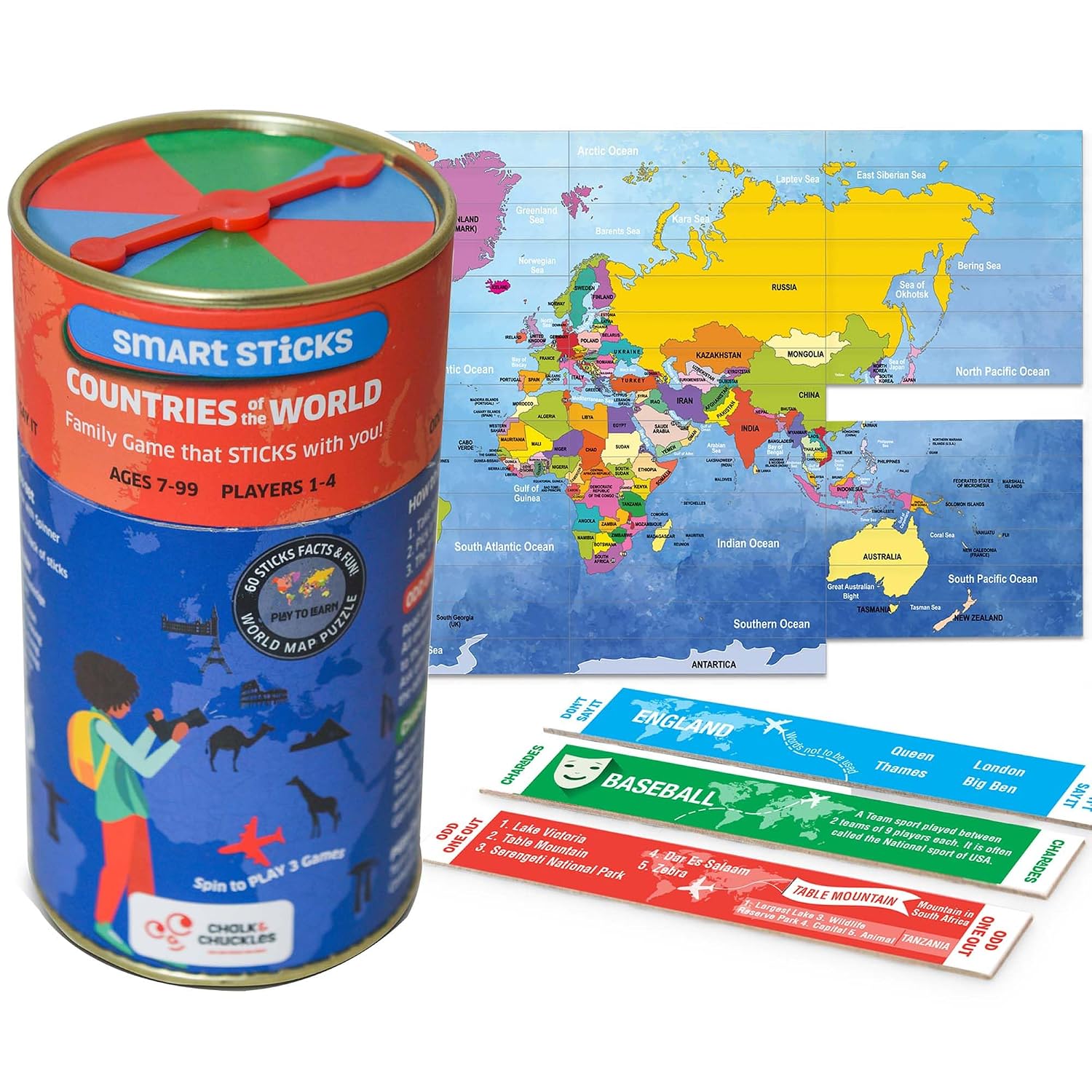 81nZLchqrvL._SL1500_.jpg Chalk & Chuckles Smart Sticks Countries of the World, Trivia & Geography Card Game for Kids Ages 7-12, Learning & Educational Toy with Map Puzzle, Gifts for Boys & Girls, 8, 9, 10, 11, Travel Game - Image 1