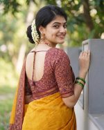 Woven Kanjivaram Silk Blend, Pure Silk Saree (Mustard) - Image 3