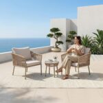 BRISHI Braid & Rope Garden Patio Seating Chair and Table Set Outdoor Balcony Garden Coffee Table Set Furniture with 1 Table and 2 Chairs Set with Cushion (Beige and White), 61 cm, 81.3 cm - Image 6