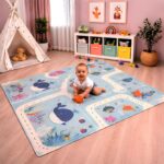 Extra Large Baby Play Mat 5x4 Feet, Reversible Foldable Crawling Mat, BPA Free Waterproof Floor Play Mat for Kids & Infants, Soft Cushioned Learning & Activity Mat(Blue Whale & sea Theme)