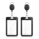 GLUN® Pack of 2 Sliding Badge Holders, Hard Black Vertical Card Case with Retractable Reel & Carabiner for Office, School ID, Credit, Key Cards & Driver’s License