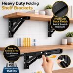 Foldable Shelf Bracket 16 Inch Heavy Duty, Folding Table Bracket Wall Mounted Support for Fold Down Table, Workbench, Kitchen Counter, Study Desk & Space Saving Shelf, Black Metal Bracket Pack of 2 - Image 3