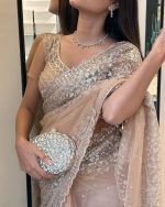 Naari Women's Brown Beige Chiku Net Gold Sequence Saree With Blouse (Soneri New 3) - Image 2