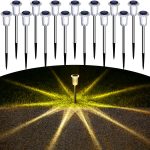 DenicMic Solar Garden Lights Outdoor Waterproof Warm White LED 15 Pack | Yard Garden Driveway Walkway Landscape Path Lights, Starburst Pattern, Acrylic Diamond-like Lampshade Stainless Steel Pole