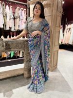 Women's Blue Green Pink Multicolored Ajrak Digital Prined Real Mirror And Latkan Worked Saree With Blouse - Image 2