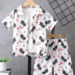 Boy's Printed Spread Collared Cotton Short Sleeves Shirt With Button & Matching Elastic Waist Shorts Co-Ords Set - Image 6