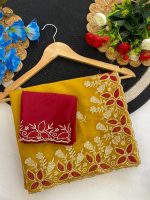 Embroidered Georgette Saree for Women with Designer Blouse Piece | Soft Lightweight Fabric with Floral Thread Work Border | Traditional Saree for Festive, Wedding & Daily Wear - Image 4