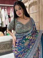 Women's Blue Green Pink Multicolored Ajrak Digital Prined Real Mirror And Latkan Worked Saree With Blouse - Image 3