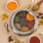 Sumeet Stainless Steel Belly Shape Masala (Spice) Box/Dabba/Organiser With See Through Lid With 7 Containers And Small Spoon (Small), Beige - Image 2