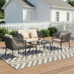 BRISHI Outdoor 4 Seater Sofa Set | Balcony Sofa | Patio Furniture Sets | Conversation Sets | Braid & Rope | (Grey,Cream)